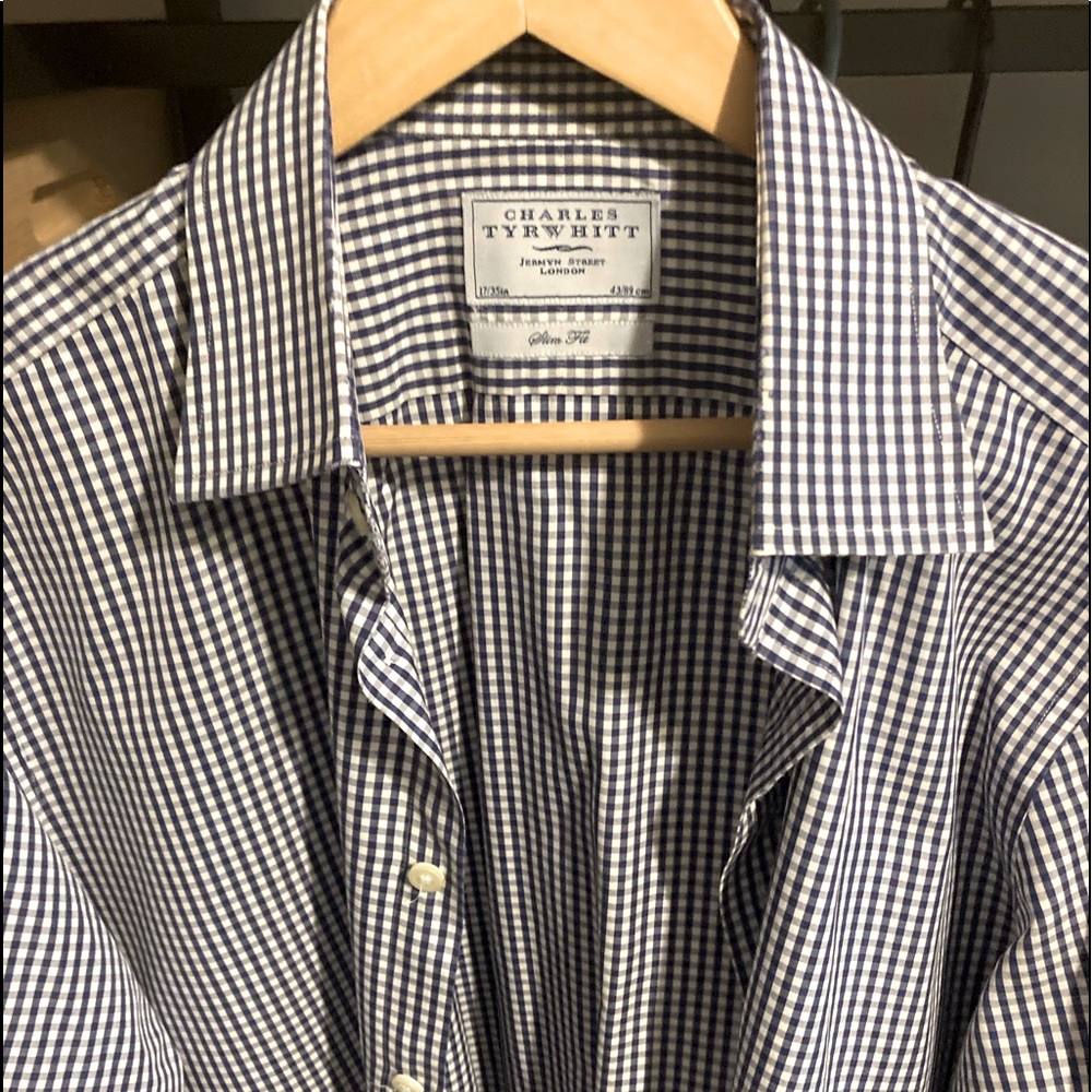 Charles Tyrwhitt Dress Shirt. 17x35 Navy Mini Check.